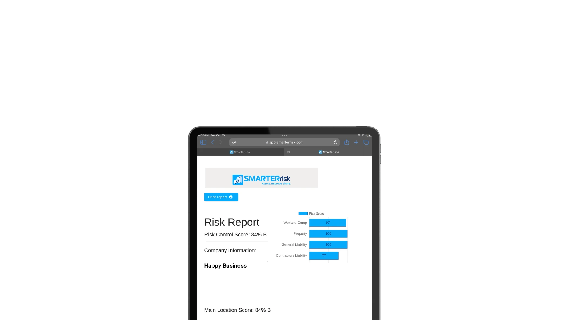 iPad displaying Smarter Risk app for businesses