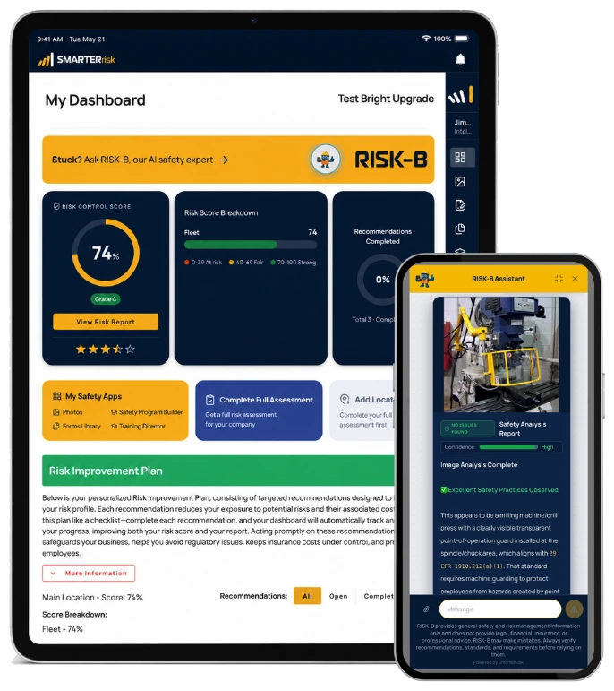 SmarterRisk dashboard on an iPad and the RISK-B assistant on a phone
